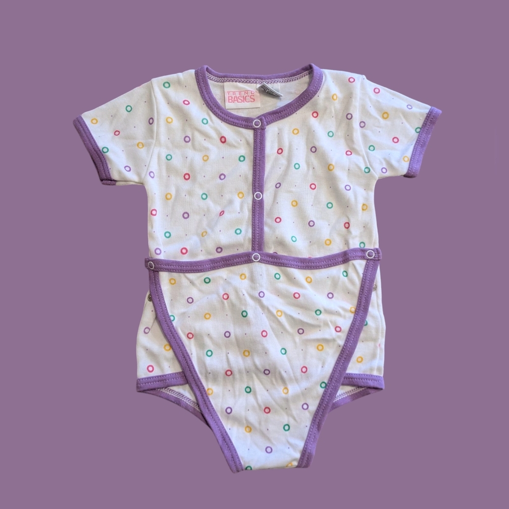 Vintage 90s Size 12 Months Colorful Baby Onesie with Purple Trim